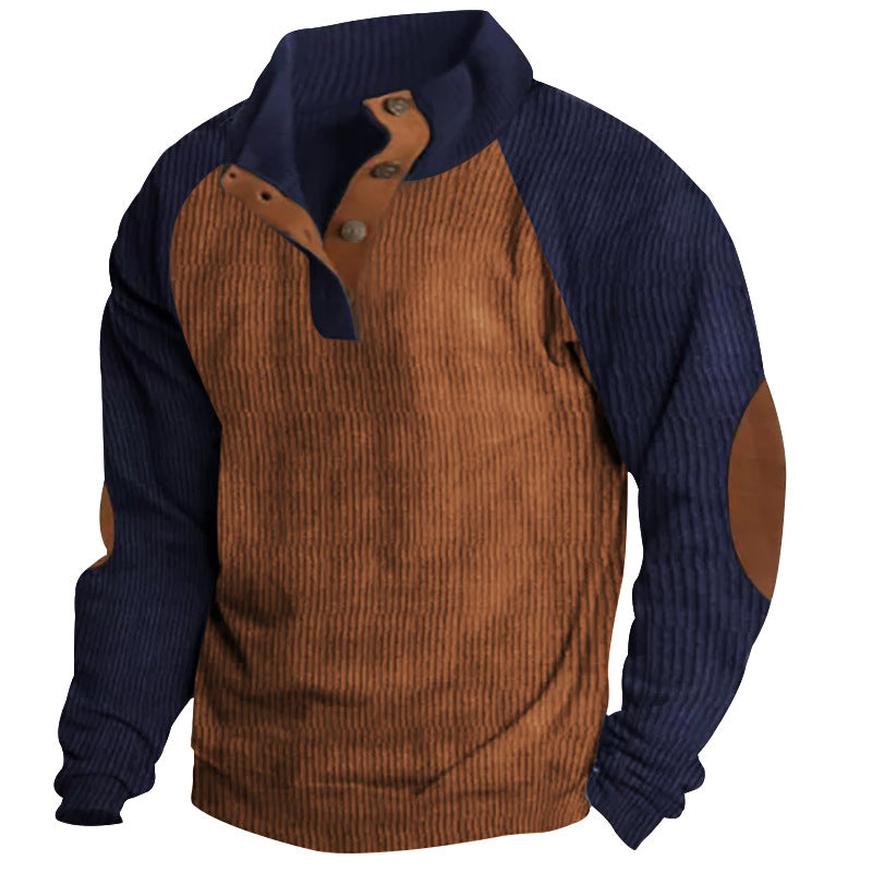 2025 Cross-Border Men's Casual Stand Collar Sports Sweatshirt Amazon Autumn and Winter Contrast Color Corduroy Slim Raglan Sweatshirt