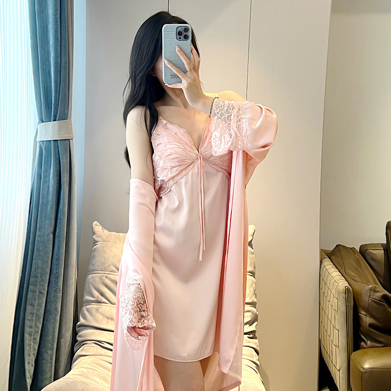 Pajamas Women's Summer Ice Silk Pure Sexy Lace Sling Nightgown Nightgown with Chest Pad Thin Home Clothes Two-piece Set