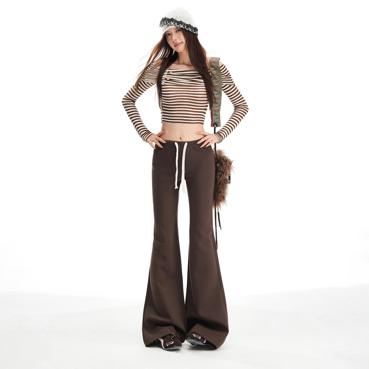 American Fashion Versatile Trendy Casual Pants for Women Early Autumn New Drawstring Mid-Waist Soft Drape Loose Flared Pants
