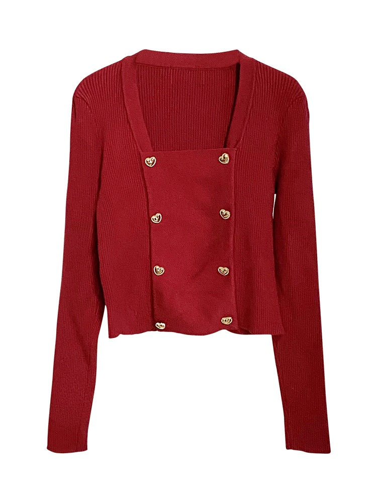 Design red bottoming sweater undershirt for women 2023 early spring new top square collar sweater slimming