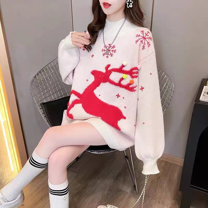 Red Christmas Sweater Women's 2024 New Fawn Autumn and Winter Loose Outer Wear Laid-back Style Thickened Mid-length Needle Sweater