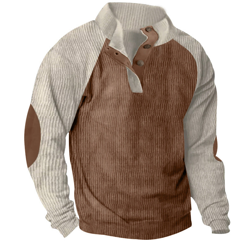 2025 Cross-Border Men's Casual Stand Collar Sports Sweatshirt Amazon Autumn and Winter Contrast Color Corduroy Slim Raglan Sweatshirt