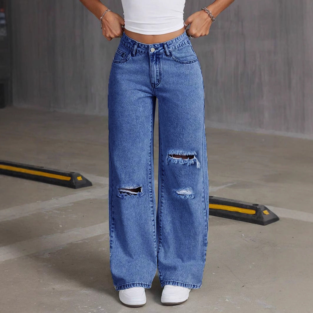 European and American Cross-Border 2025 New Loose Light Blue Washed Wide-Leg Jeans Pure Color Pants Women Jeans