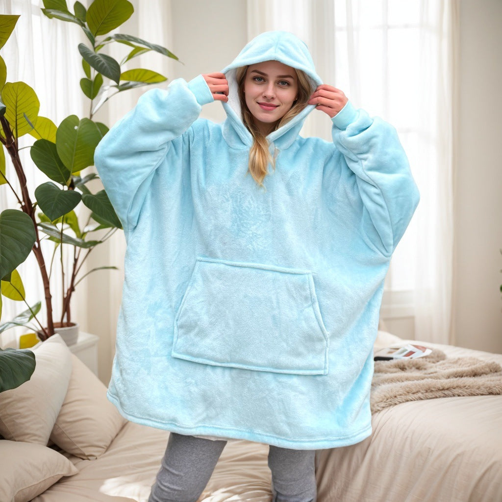 2021 Winter Fleece-Lined Thickened Navy Blue and Dark Gray Zip-Up Lazy Blanket Long-Sleeve Casual Flannel Hoodie