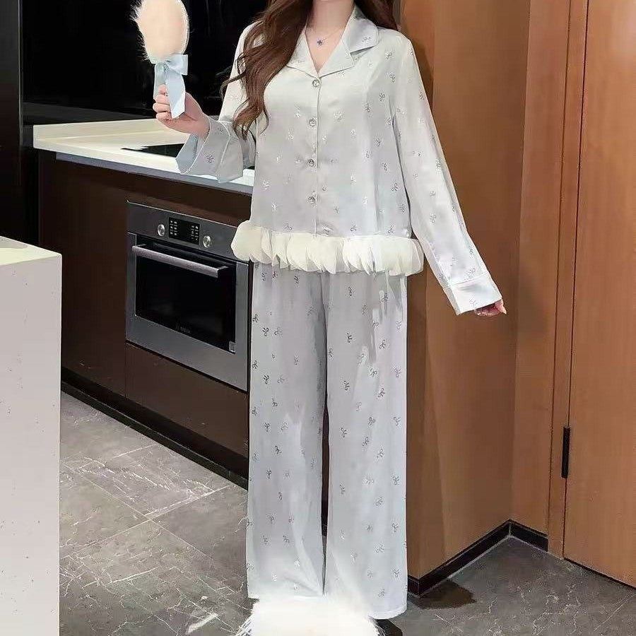 Pajamas for Women 2026 New Spring, Autumn and Summer Suspender-Style Ice Silk with Silver Bow, Padded Chest, Lace Homewear Set