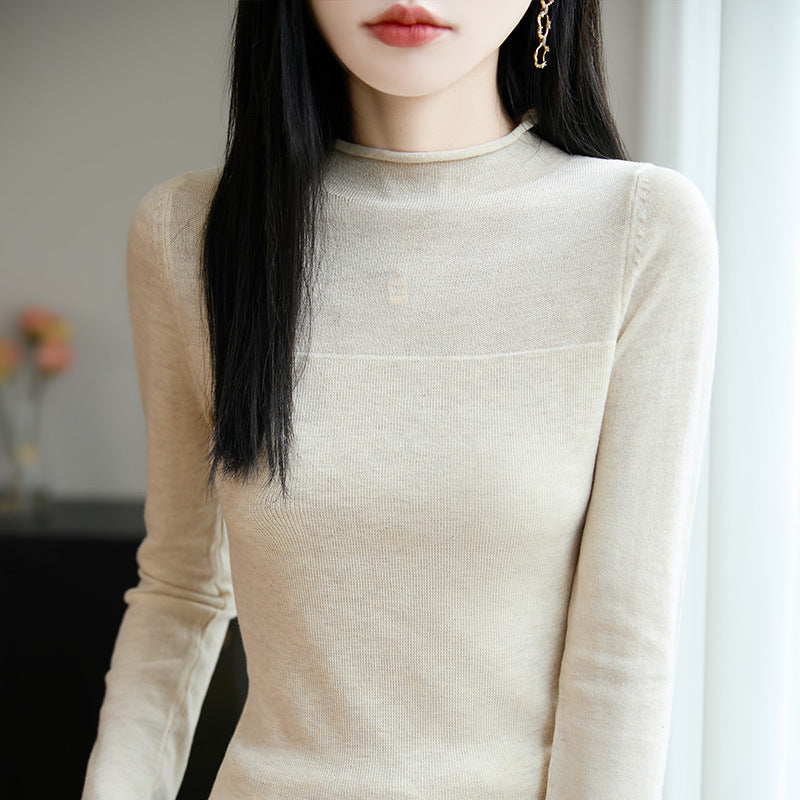 Sweater Women's Autumn and Winter Rolled Edge Half Turtleneck Knitted Sweater Thin Long-Sleeved Knitted Bottoming Shirt Women's Top Cross-Border Sweater