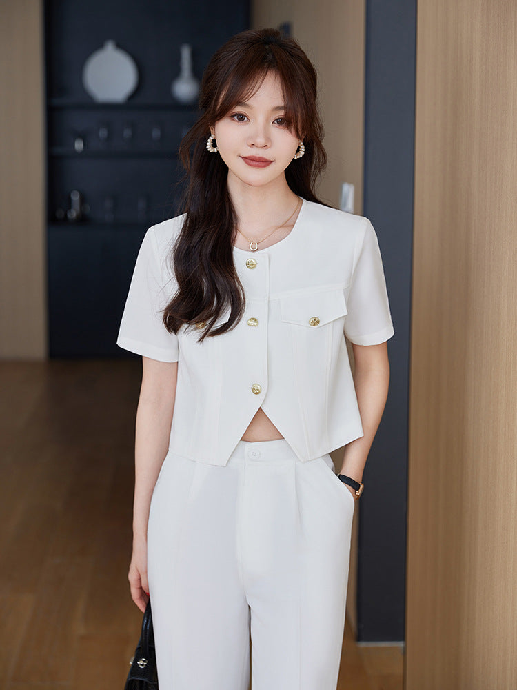 Short Suit Set for Women, High-End Style, 2025 Spring New Model, Elegant Goddess Style Suit with Wide-Leg Pants, Two-Piece Set
