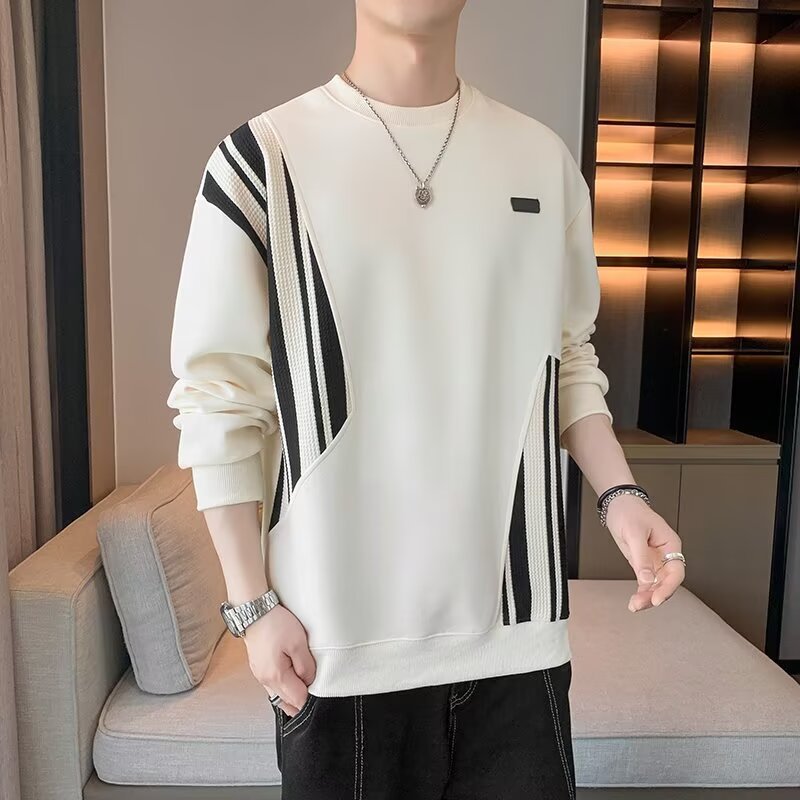 Design Sense Sweat Spring and Autumn Korean Style Fashionable Brand Loose Round Neck Stitching Men's Clothes Long Sleeve T-Shirt Men's Top