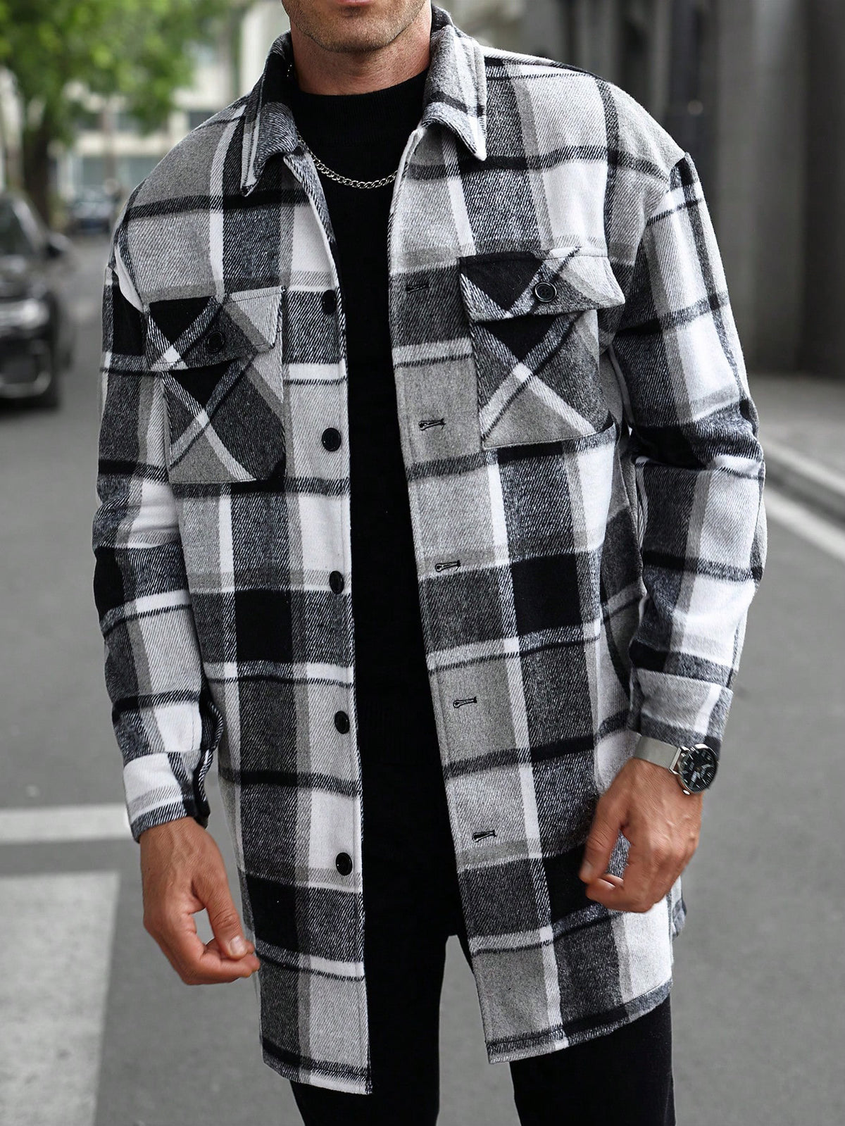 European and American Cross-Border Amazon New Men's Jacket Shirt Casual Sports Long Buttoned Double-Pocket Windbreaker for Men
