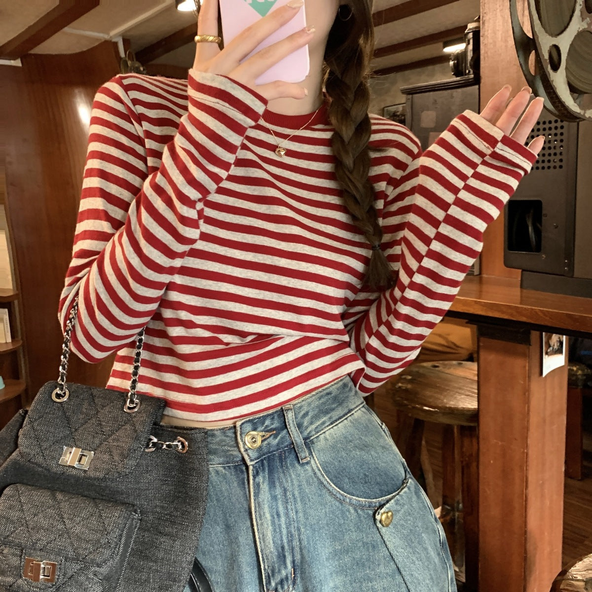 Autumn New Casual Slim Bottoming Shirt Short Student Top Contrast Color Striped Long Sleeve T-Shirt for Women