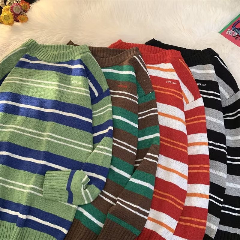 Simple Japanese Trendy Sweater Pullover Spring Long Sleeve Round Neck Men's Striped 2023 New Elegant Casual Sweater