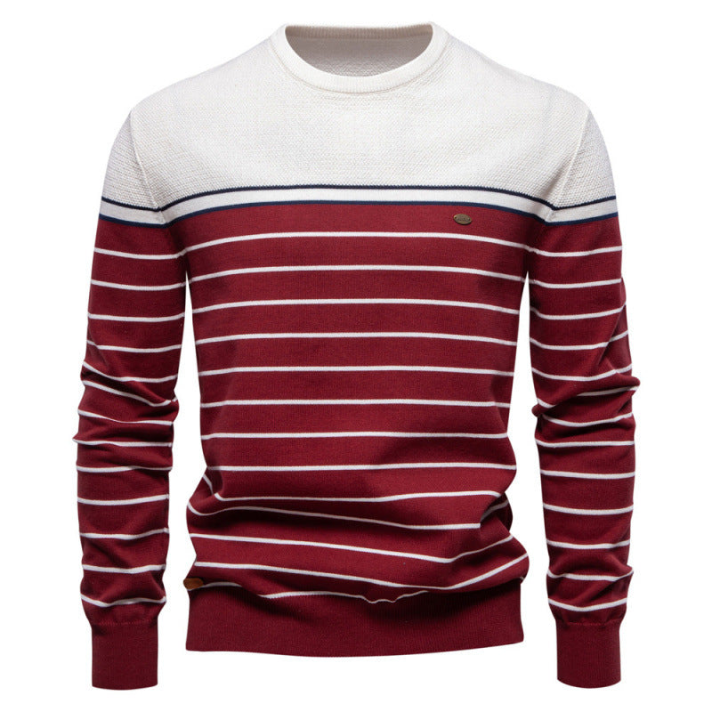 2024 autumn and winter new striped color matching long sleeve men's sweater fashion round neck men's casual sweater
