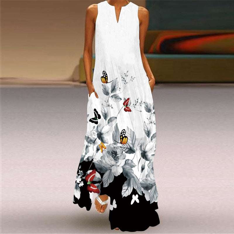 New Summer Women's Sleeveless Long Dress V-Neck Floral Print Dress European and American Cross-Border Foreign Trade Women's Clothing