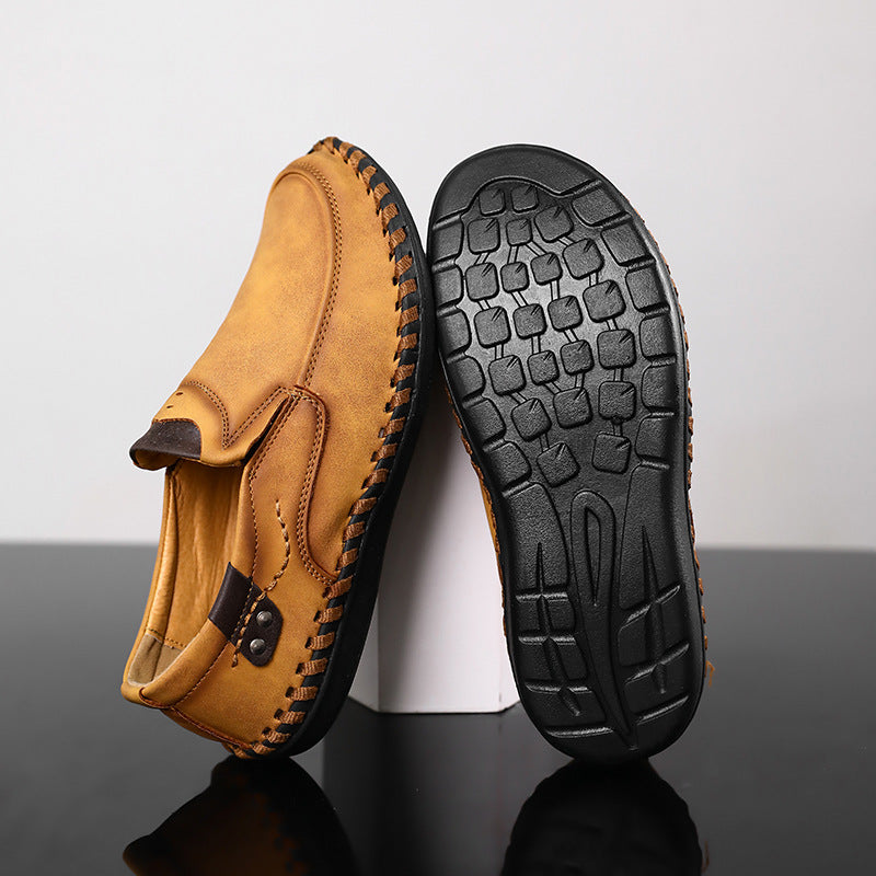 48 Large Size Low-Top Loafers for Men, Genuine Leather Hand-Stitched Slip-On Moccasins, Rubber Non-Slip Work Shoes