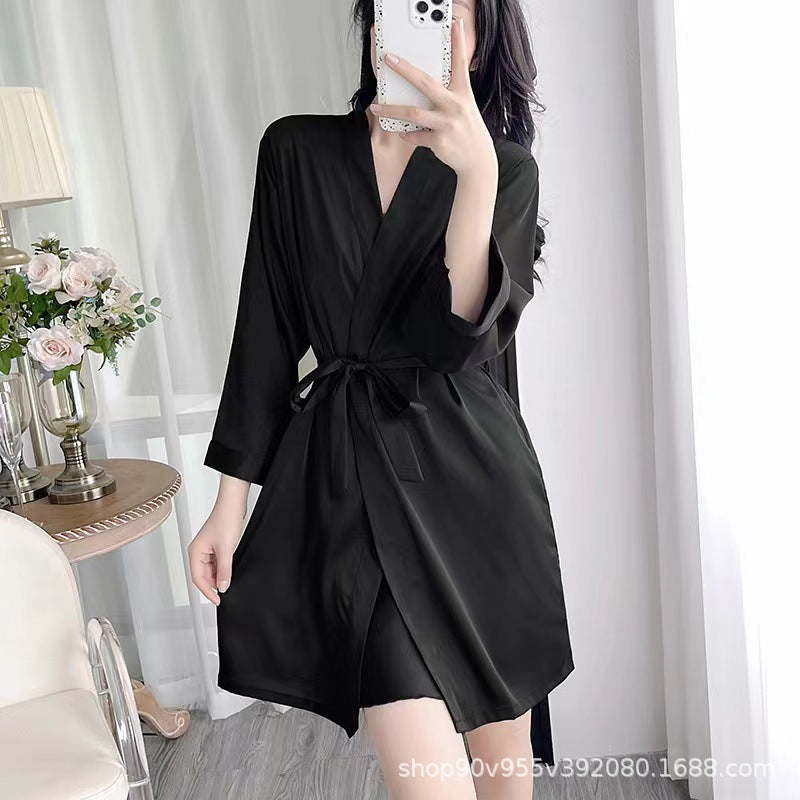 Sexy Pajamas for Women Spring and Summer New Satin Ice Silk Suspender Nightgown Nightgown Shorts Three-Piece Set with Chest Pad Home Clothes