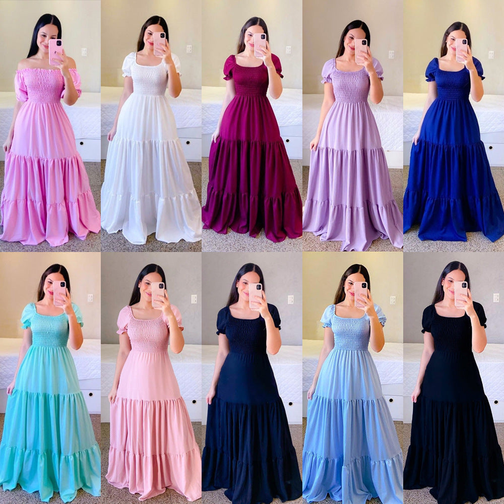 Cross-Border New Spring and Summer European and American Clothing Dress One-Shoulder Floral Off-Shoulder Long Color Fairy Skirt