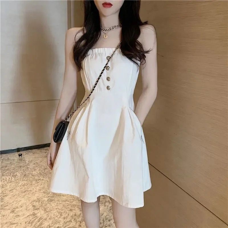 summer new gentle wind can be salt can be sweet off-shoulder small waist slim long sling dress