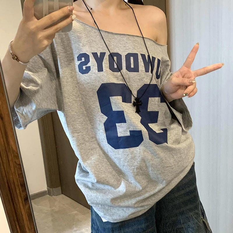 American Style Pure Desire Off-Shoulder Short-Sleeve T-Shirt for Women, 2025 Summer Loose Simple Style Slimming Sweet Spicy Girl Top Trendy