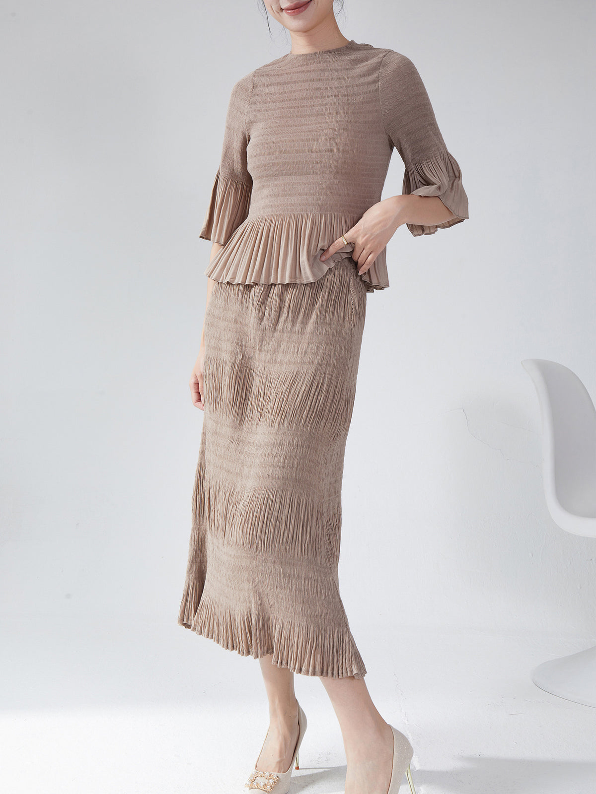 Miyake Women's Autumn New suit Two-piece Elegant Slim-fit Base T-shirt Top All-match Hip Skirt