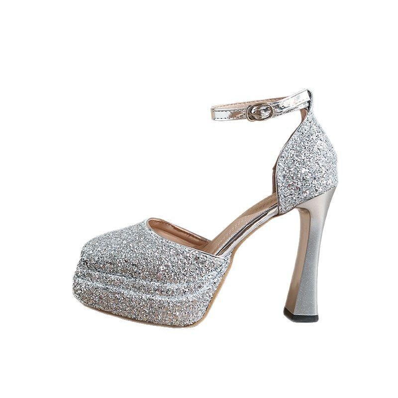 2025 New Super High Heel Waterproof Platform Sequin Sandals girls Ankle Strap Thick Heel Thick Sole Catwalk Performance Shoes Wedding Shoes