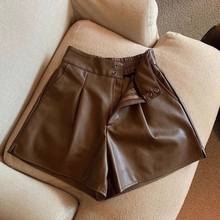 Leather Shorts Women's Autumn and Winter Outer Wear 2024 New High Waist Leather Pants plus size Wide Leg Slim Loose Base Boots Pants