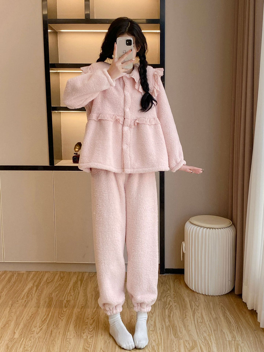 Pajamas Women's Lamb Velvet Autumn and Winter Neck Warm Coral Velvet Sweet Large Lapel Thickened Lace Home Clothes