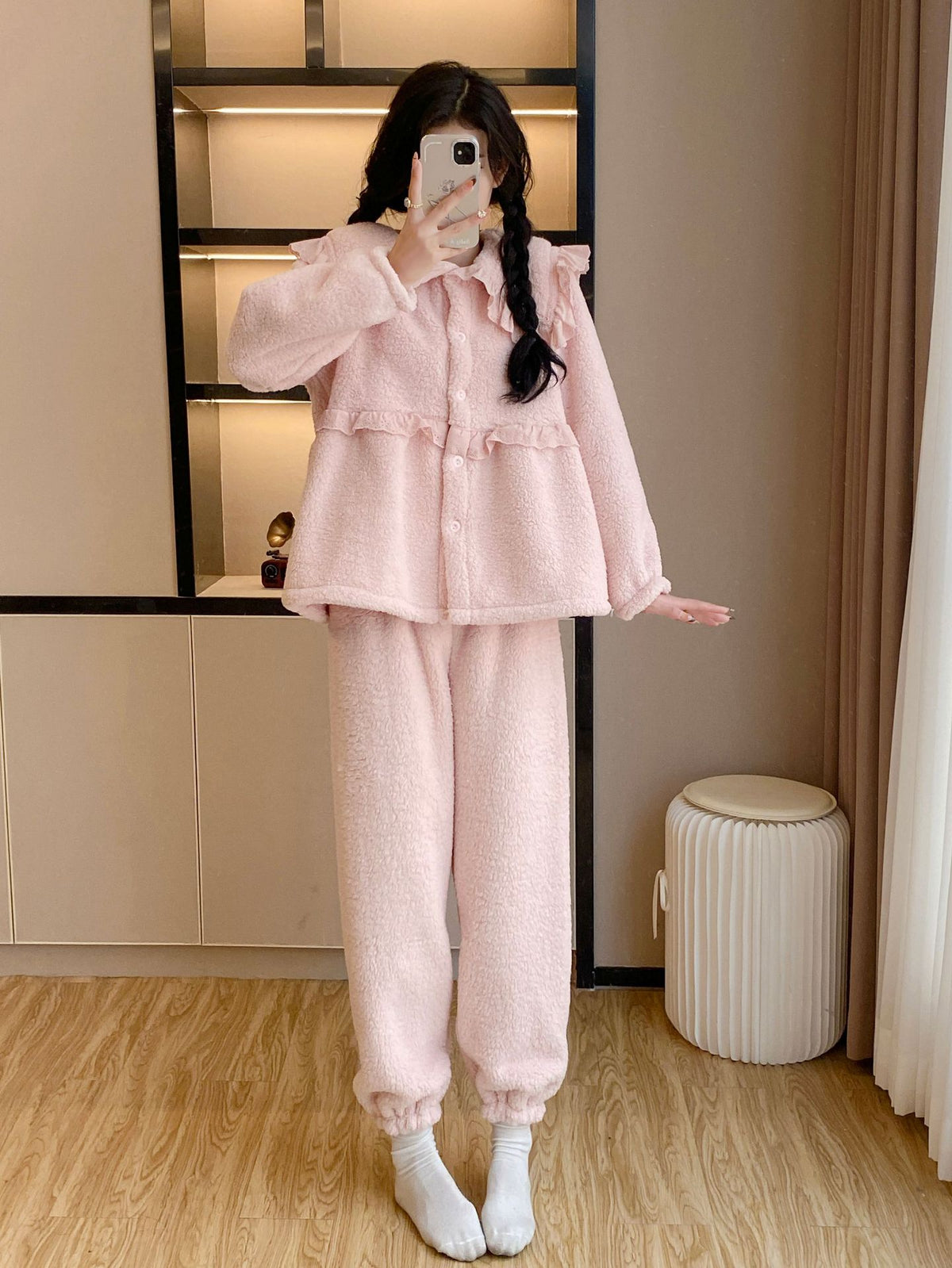 Pajamas Women's Lamb Velvet Autumn and Winter Neck Warm Coral Velvet Sweet Large Lapel Thickened Lace Home Clothes