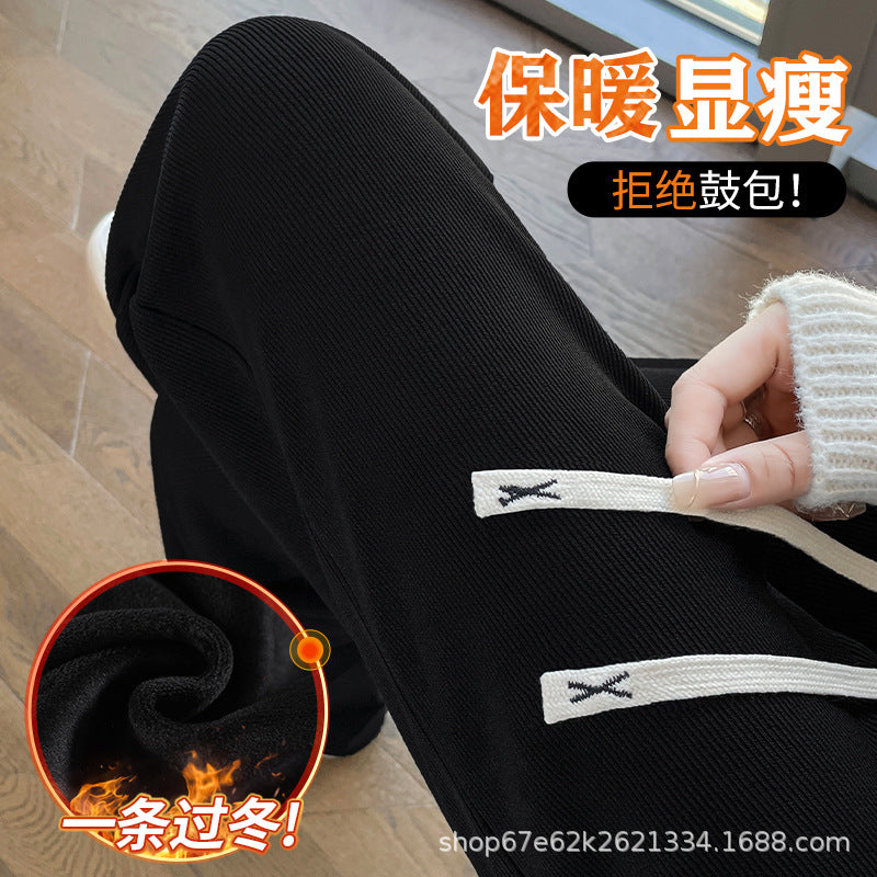 Plus velvet pants children autumn and winter 2024 new this year popular explosions black chenille wide leg pants narrow version straight pants