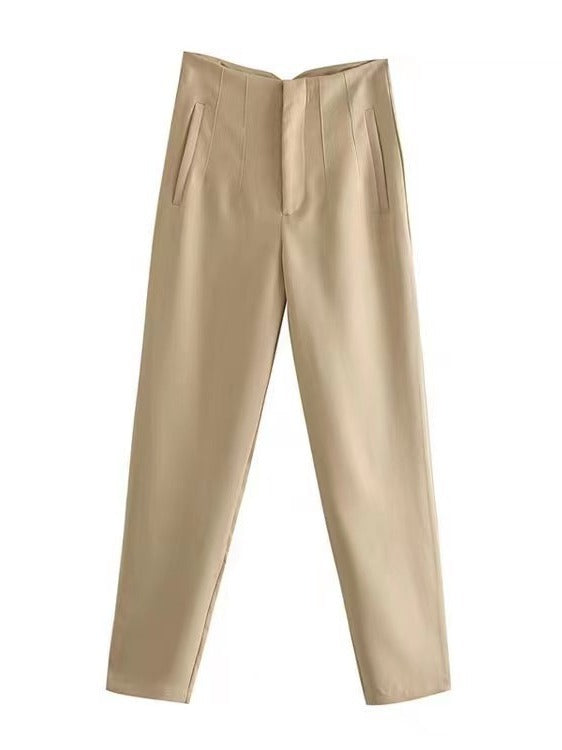 Women's Trousers European and American Amazon Cross-Border New Slim Fit Solid Color Pleated Micro-Elastic Formal Straight Pants Casual Pants