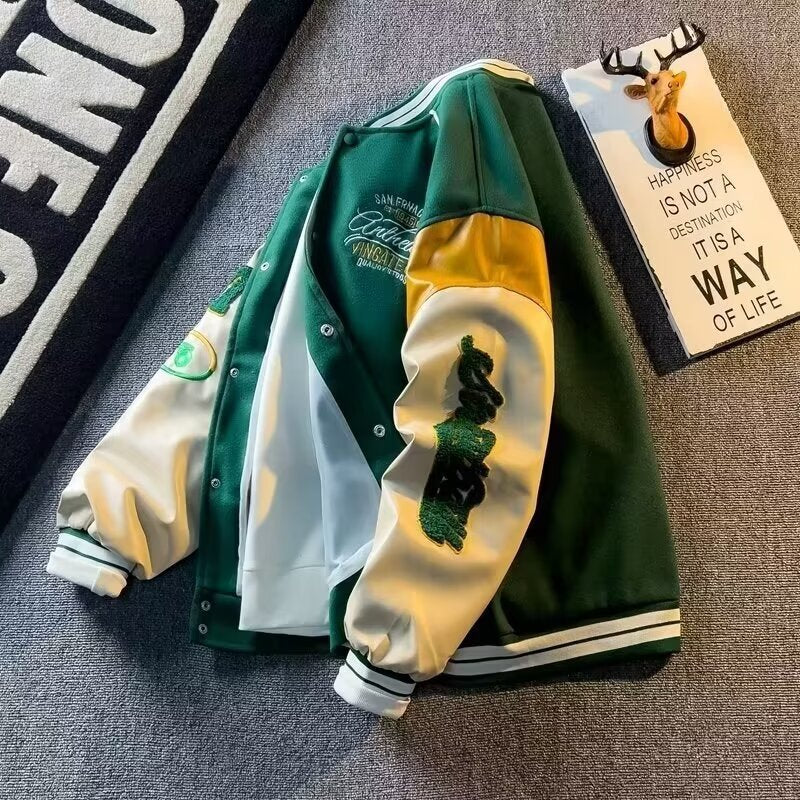 Spring 2024 New stitching woolen coat men's spring and autumn Korean fashion baseball uniform embroidered retro patchwork jacket