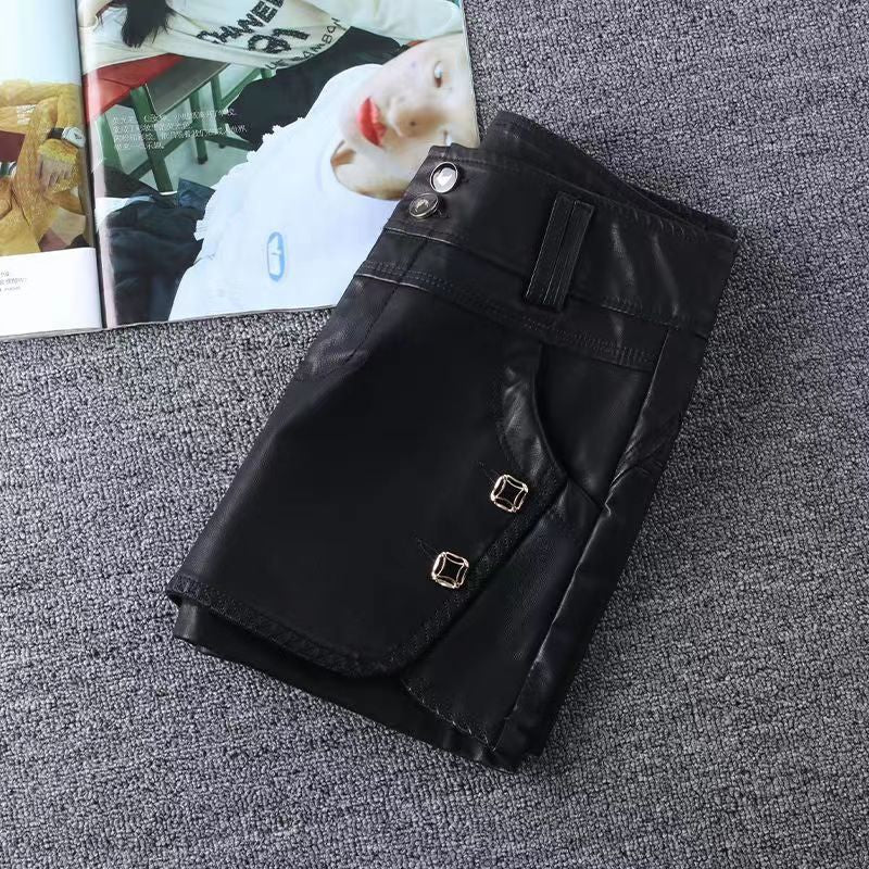 Leather Shorts for Women 2024 New Autumn and Winter High-waisted Slimming Look Black PU Leather Pants for Outer Wear with Boots