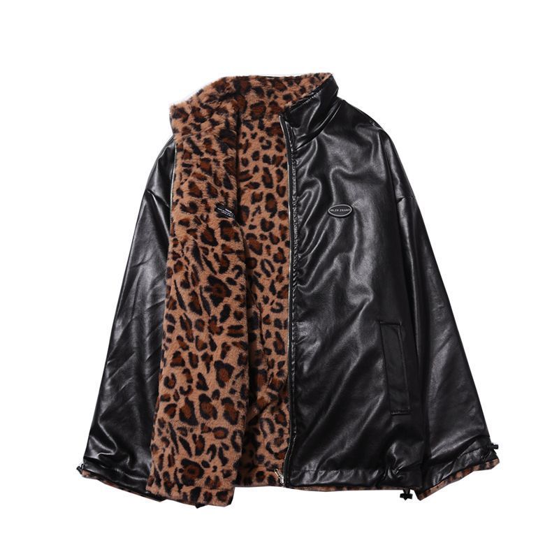 Leather women's 2025 winter new double-sided fur one-piece motorcycle clothing leopard fleece-lined PU fur coat coat trendy