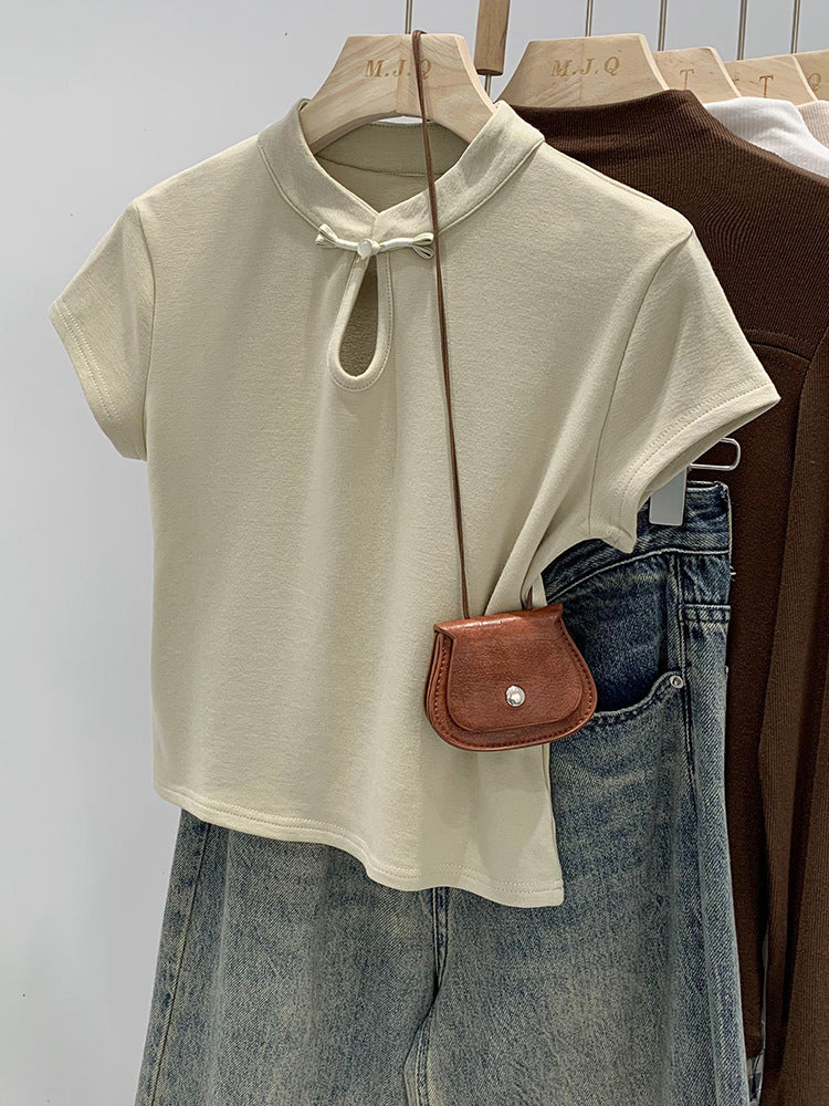 New Chinoiserie National Style Niche Chic Design Short-Sleeved T-Shirt for Women Summer 2025 New Stand-Up Collar Buttoned Short Top