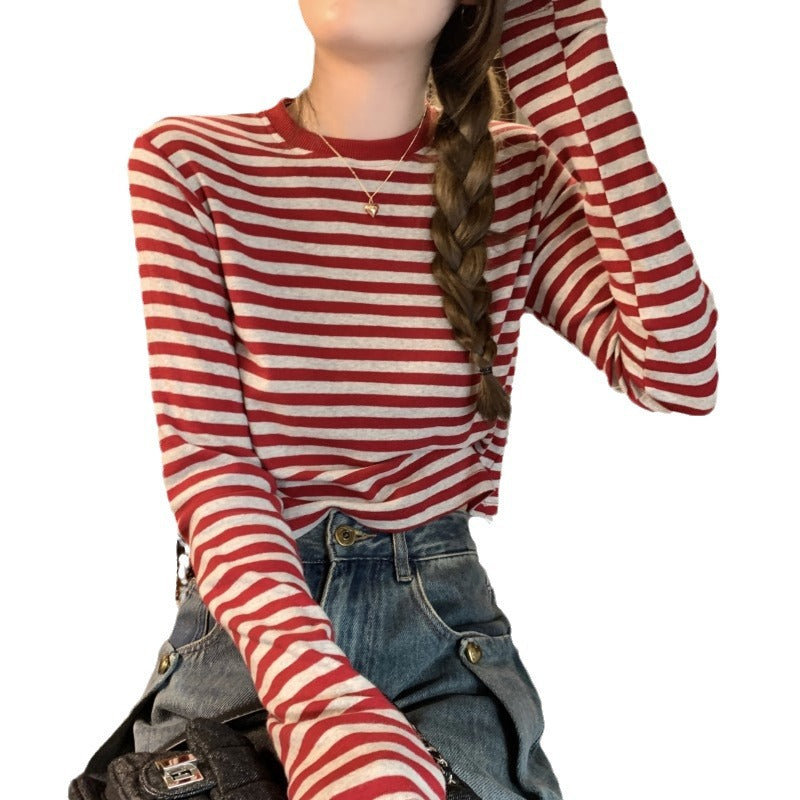 Autumn New Casual Slim Bottoming Shirt Short Student Top Contrast Color Striped Long Sleeve T-Shirt for Women