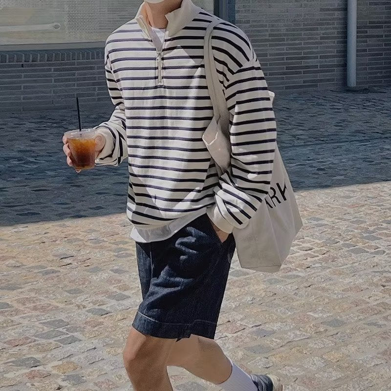 Spring and Autumn Korean Style Loose Design Sense Half-height Zipper Pullover Vertical Collar Sweatshirt Men's Ins Casual Striped Jacket Trendy