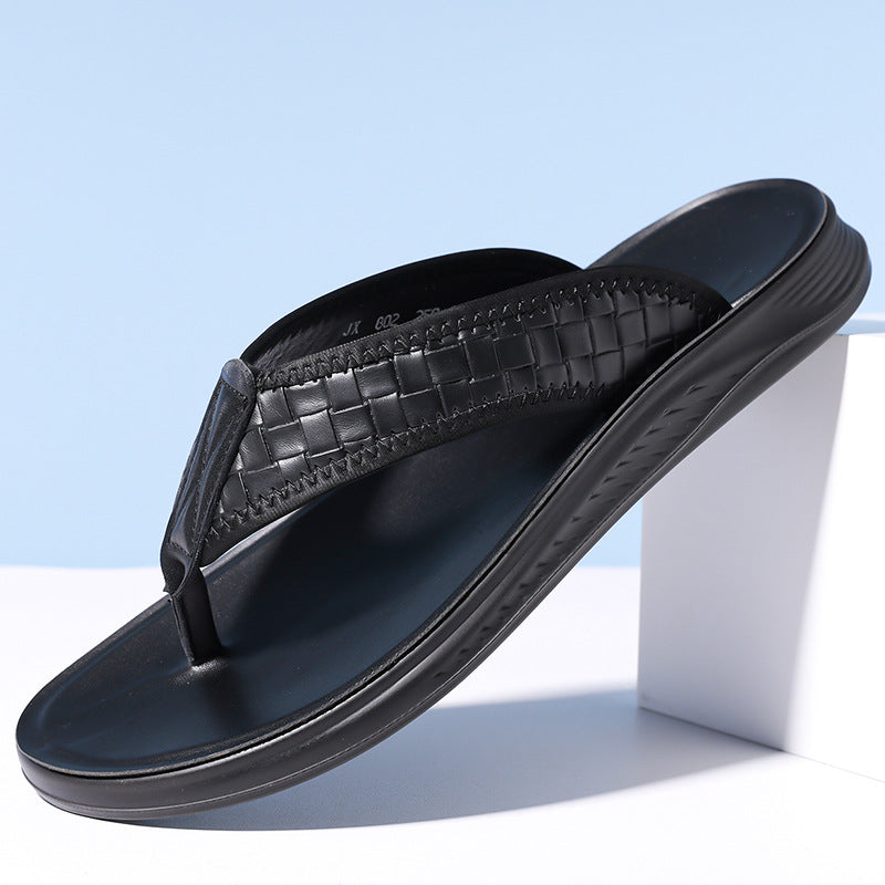 Stomp Sense Summer New Sandals Men's Flip-flops Casual Beach Shoes Genuine Leather Breathable Home Non-slip Slippers for Men