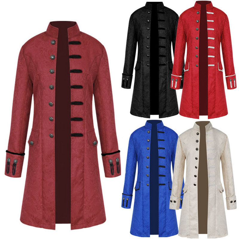 Men's coat Amazon European and American style medieval clothing coat jacket windbreaker long retro stand collar performance clothing