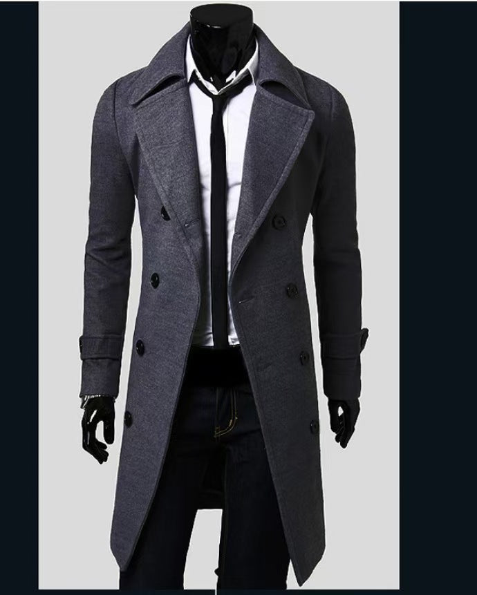 [M-4XL] Cross-border 2024 Fall/Winter Long Double-breasted Windbreaker Men's Wool Coat Slim Fit Wool Coat Men