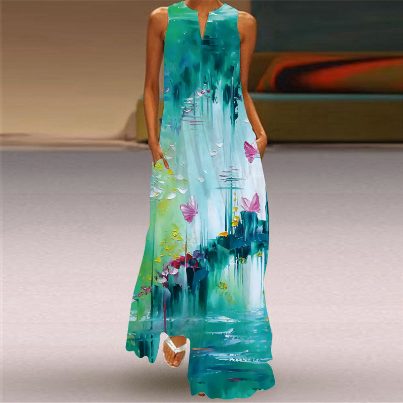 New Summer Women's Sleeveless Long Dress V-Neck Floral Print Dress European and American Cross-Border Foreign Trade Women's Clothing
