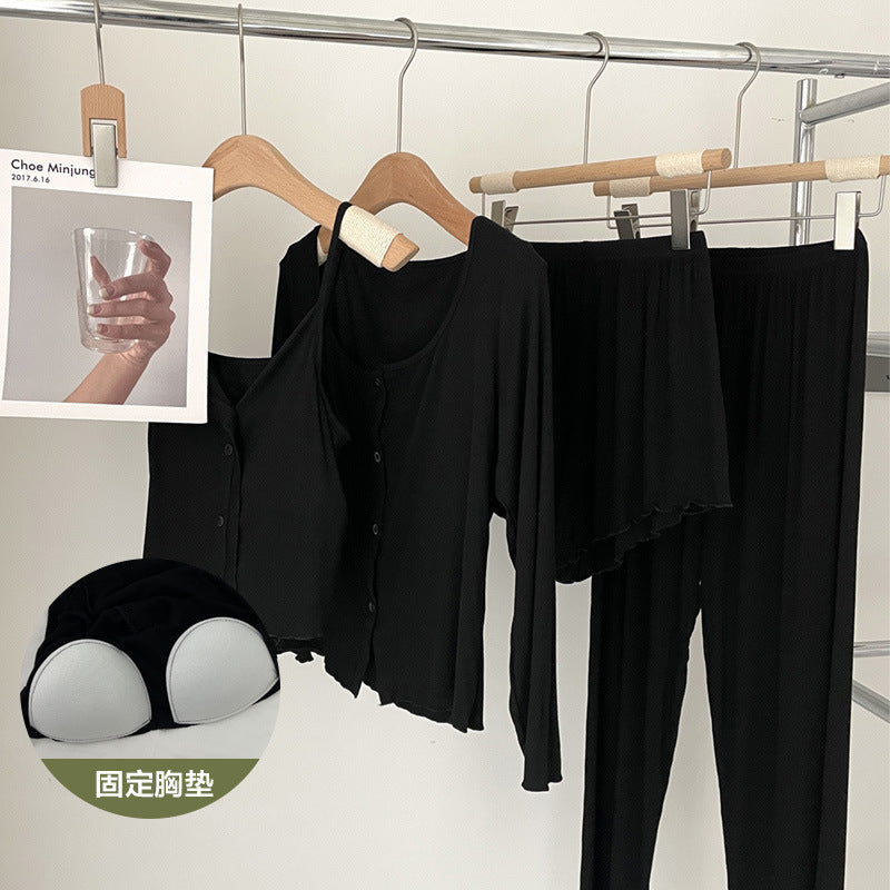 Modal Cotton Pajamas Women's Spring and Autumn Four-piece Suit Sling Trousers with Chest Pad Outfit Summer Home Clothes