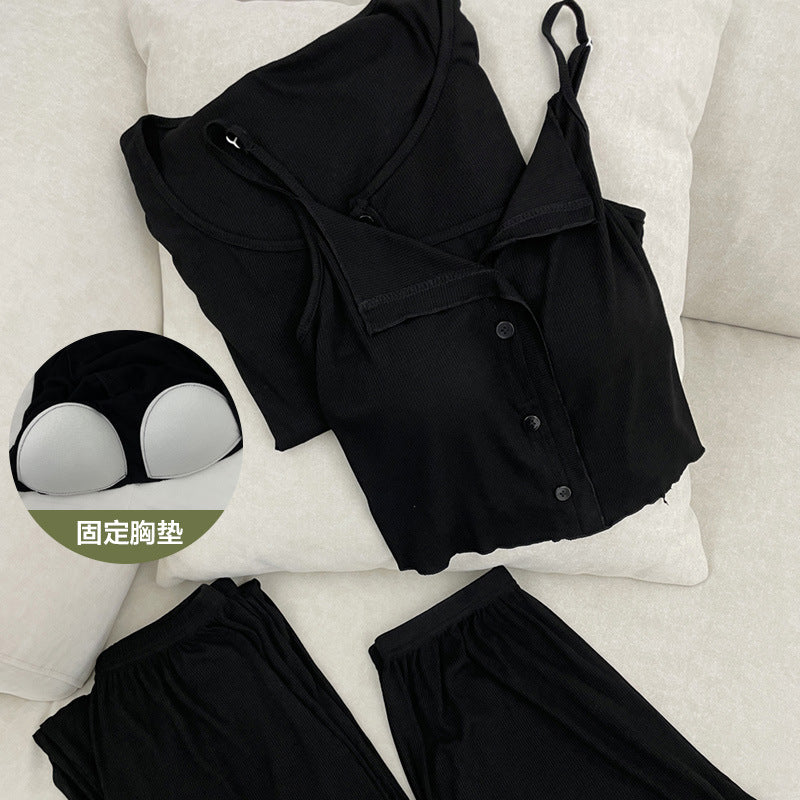 Modal Cotton Pajamas Women's Spring and Autumn Four-piece Suit Sling Trousers with Chest Pad Outfit Summer Home Clothes