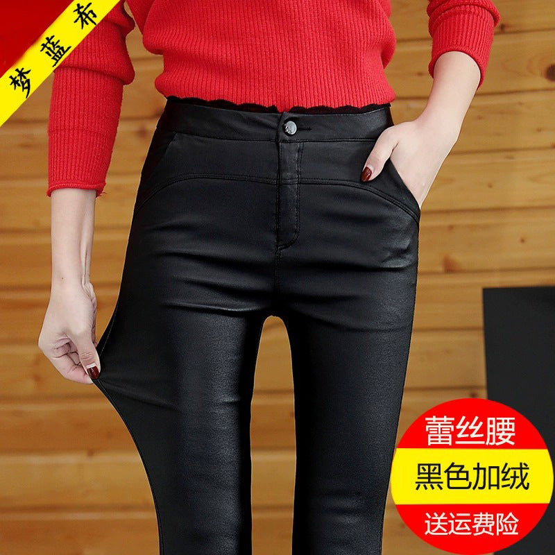 Women's Leather Pants 2025 New High-Waisted Autumn Popular Black Outer Lace Leggings Extra Long Matte Tight-Fitting Small Feet