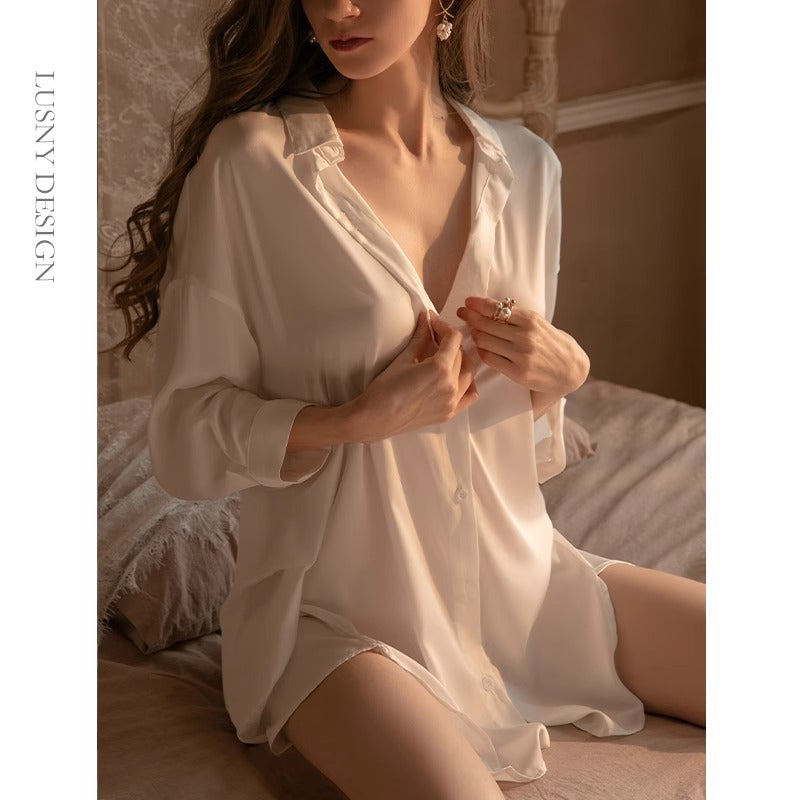 Sexy Pajamas Spring and Summer Boyfriend Style Shirt Temptation Ice Silk plus size Pure Desire Thin Autumn Pajamas for Women
