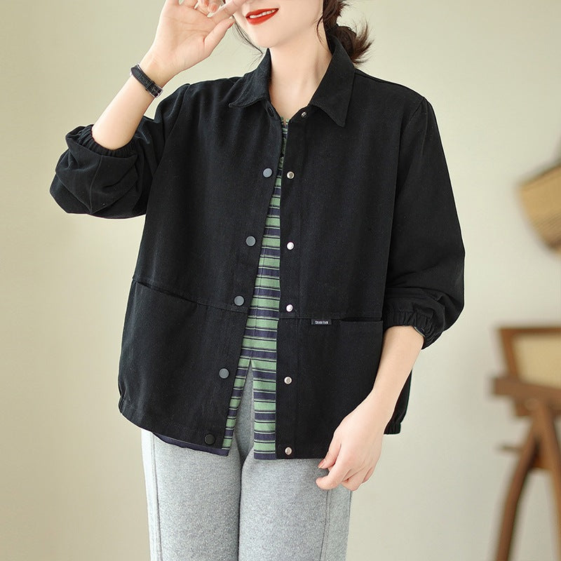 Real Shot of Cotton Jacket Women's Lapel Casual Versatile Loose Slimming Korean Style Autumn New Solid Color Long-Sleeved Jacket for Women