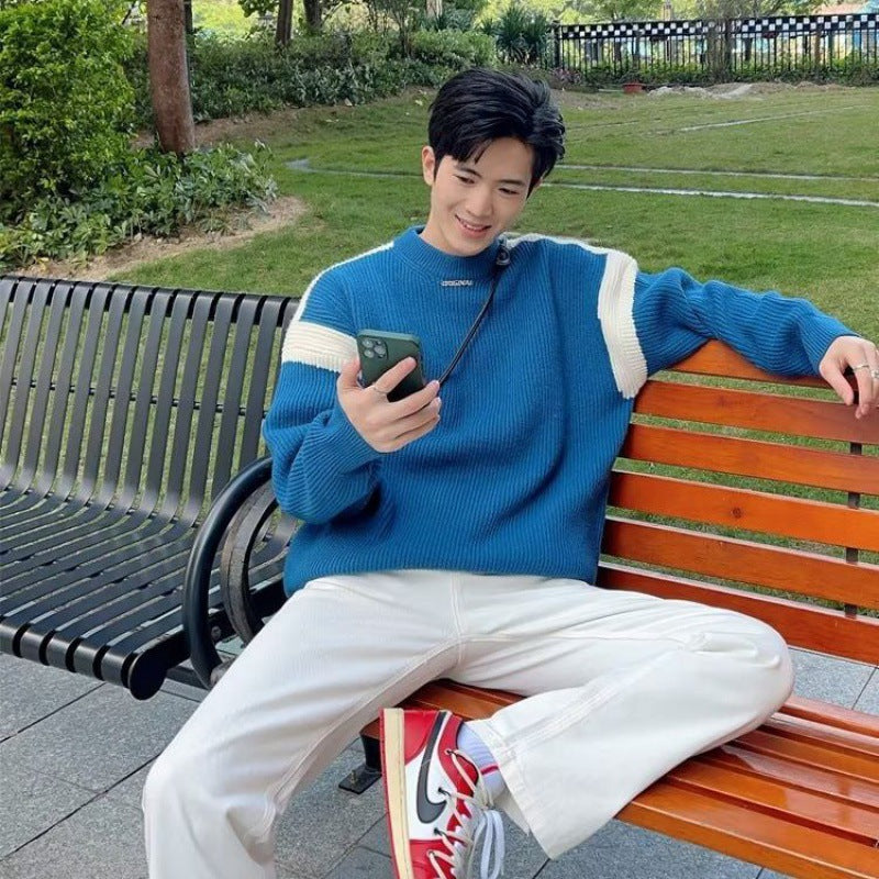 Contrast color sweater men's autumn and winter New round neck long sleeve sweater fashionable inner bottoming sweater fashionable one-piece delivery