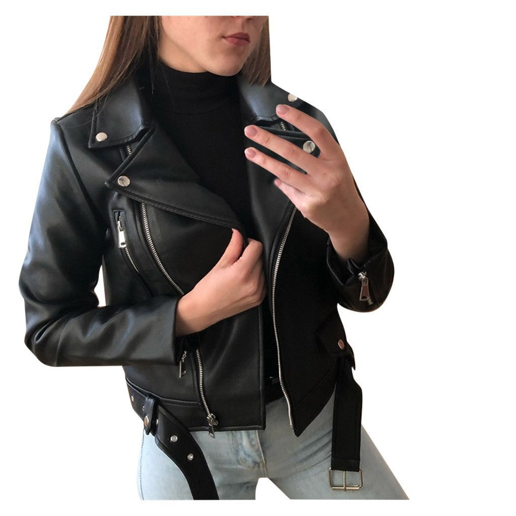Cross-border 2023 New European and American Motorcycle Leather Jacket Autumn and Winter Women's Leather Clothing Women's Short Slim-fit Leather Fashion Jacket