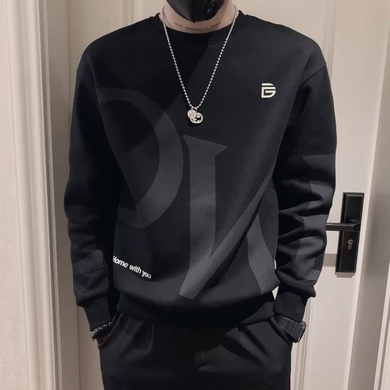 Autumn men's sweater stitching trend loose long sleeve top lazy style Harajuku style bf port fashion fleece-lined