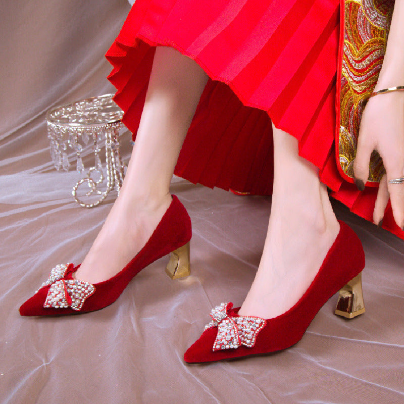 Red Wedding Shoes Women's 2022 New Pearl Bow High Heels Pointed Thick Heel Shoes Xiuhe Shoes Spot Hair