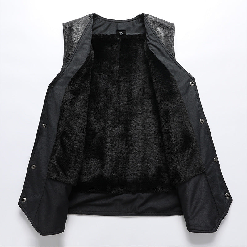 Autumn and Winter New Middle-aged Men's Leather Vest fleece-lined Thickened Dad Winter Clothing V-Neck Grandpa Outer Wearing Warm Vest