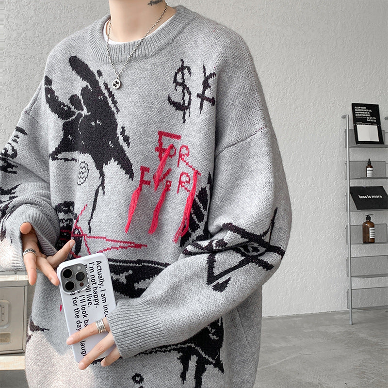 2025 New Autumn and Winter Men's Sweaters American Trendy Brand Letter Jacquard Round Neck Sweaters Fashionable Niche Loose Sweaters